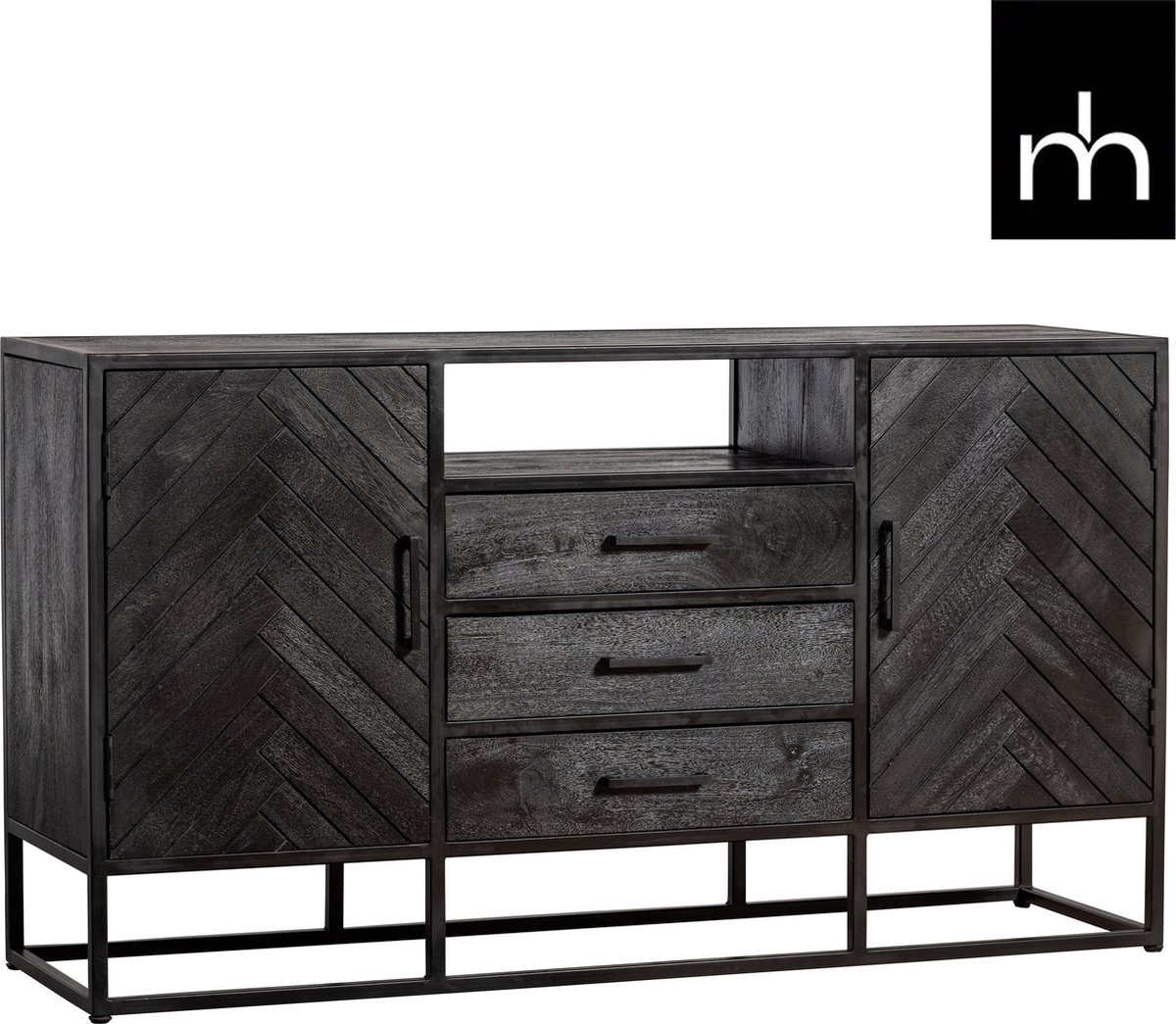 Mangohouten Dressoir Toronto Black 145x80 cm Mahom Industrieel - Dressoir van Mangohout & Metaal - Industriële Dressoir