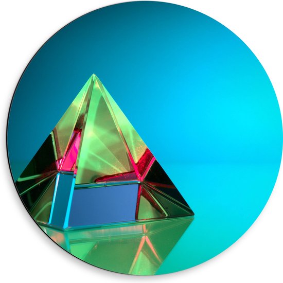 Dibond Muurcirkel - Piramidevorm in Verschillende Kleuren tegen Blauwe Achtergrond - 50x50 cm Foto op Aluminium Muurcirkel (met ophangsysteem)