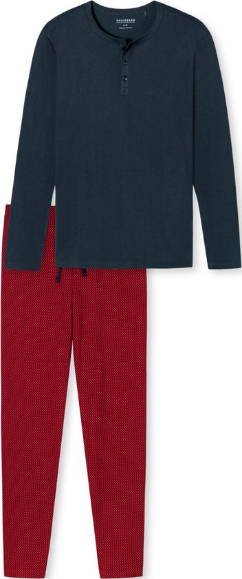 SCHIESSER Fashion Nightwear pyjamaset - heren pyjama lang biologisch katoen knoopsluiting visgraatpatroon donkerblauw - Maat: L