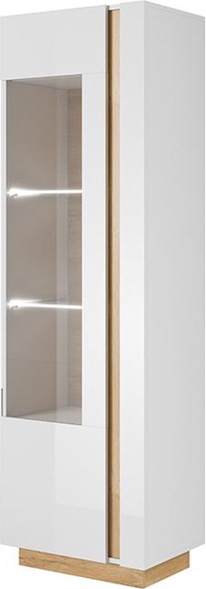 Vitrinekast MURARI - 1 deur - met ledverlichting - Hoogglans wit en eiken L 60 cm x H 193.5 cm x D 40 cm