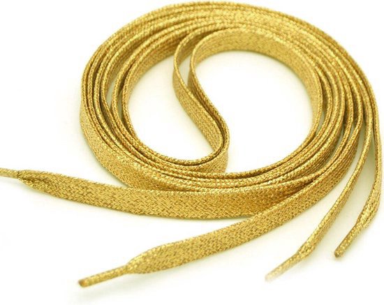 Lange gouden glanzende veters met een subtiel glitterpatroon, in een lus gelegd.