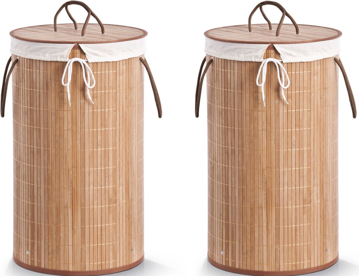 Goedkoopste 2x Luxe ronde bruine wasmanden van bamboe hout 35 x 60 cm - Zeller - Huishouding/huishouden - Schoonmaakartikelen - Was sorteren/verzamen - Wasgoedmanden/wasmanden - Ronde wasmanden