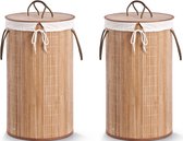 2x Luxe ronde bruine wasmanden van bamboe hout 35 x 60 cm - Zeller - Huishouding/huishouden - Schoonmaakartikelen - Was sorteren/verzamen - Wasgoedmanden/wasmanden - Ronde wasmanden