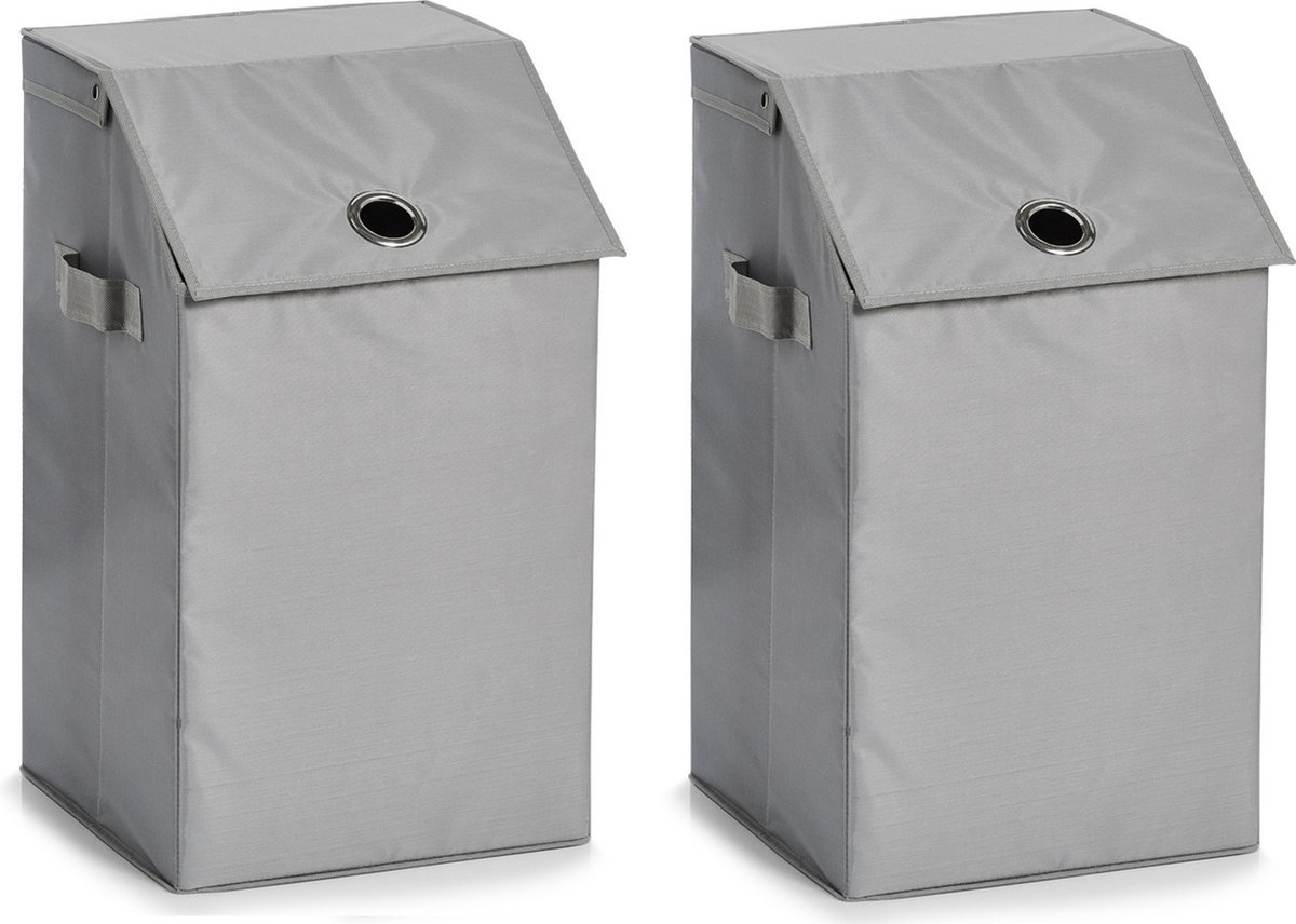Goedkoopste Zeller Wasmand - Set van 2x stuks - grijs - met deksel - polyester - 34 x 34 x 60 cm - Wasgoedmanden