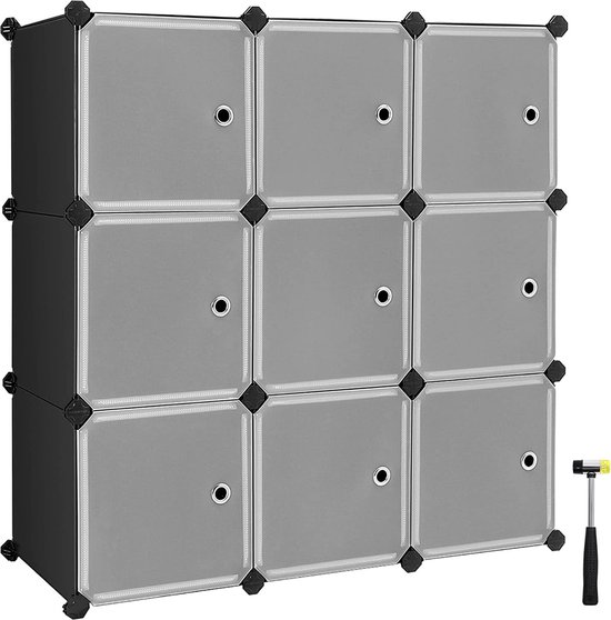 Organisateur de rangement 9 cubes, boîte en plastique avec portes, boîte modulaire pour vêtements, beaux, speelgoed, livres, assemblage facile, noir LPC116HS
