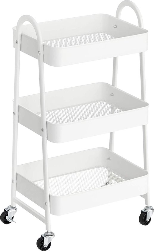 HOMCOM Trolley, 3 verdiepingen, hangmand, duwhandgreep, 4 wielen, metalen frame, 50 x 29,4 x 77 cm, wit HOMCOM Trolley, 3 verdiepingen, hangmand, duwhandgreep, 4 wielen, metalen frame, 50 x 29,4 x 77 cm, wit