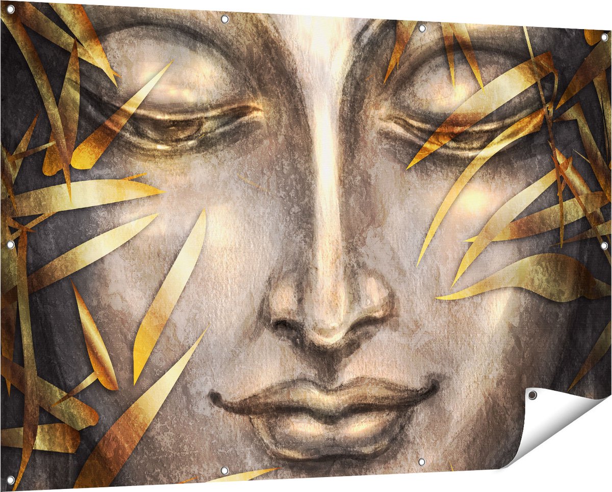 Gards Tuinposter Boeddha Beeld met Gouden Bladeren - 150x100 cm - Tuindoek - Tuindecoratie - Wanddecoratie buiten - Tuinschilderij Multikleur