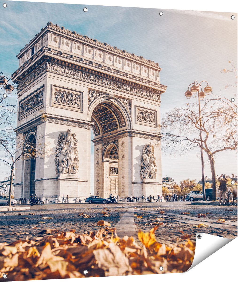 Gards Tuinposter Arc de Triomphe in Parijs tijdens de Herfst - 110x110 cm - Tuindoek - Tuindecoratie - Wanddecoratie buiten - Tuinschilderij Multikleur