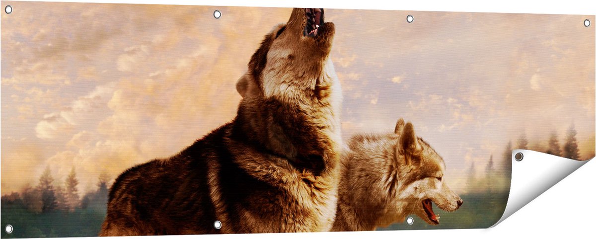 Gards Tuinposter Twee Wolven op het Gras - 150x50 cm - Tuindoek - Tuindecoratie - Wanddecoratie buiten - Tuinschilderij Multikleur