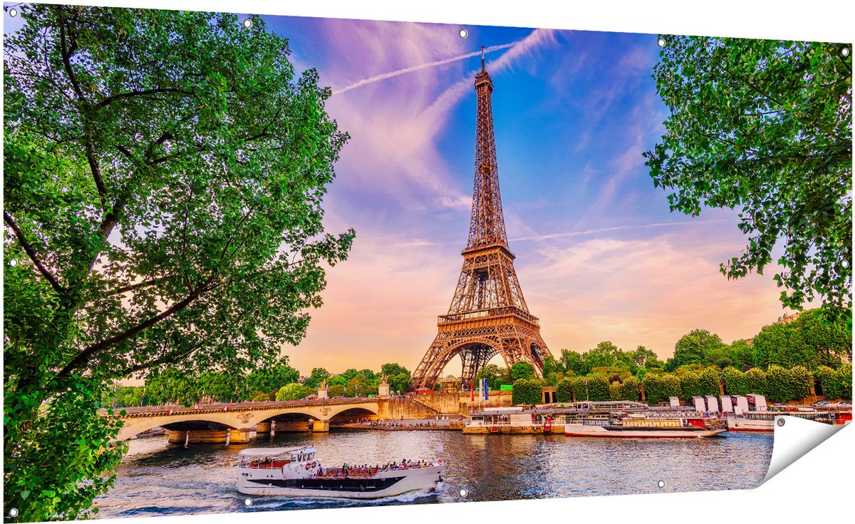Gards Tuinposter Eiffeltoren in Parijs aan het Water - Kleur - 200x100 cm - Tuindoek - Tuindecoratie - Wanddecoratie buiten - Tuinschilderij Multikleur
