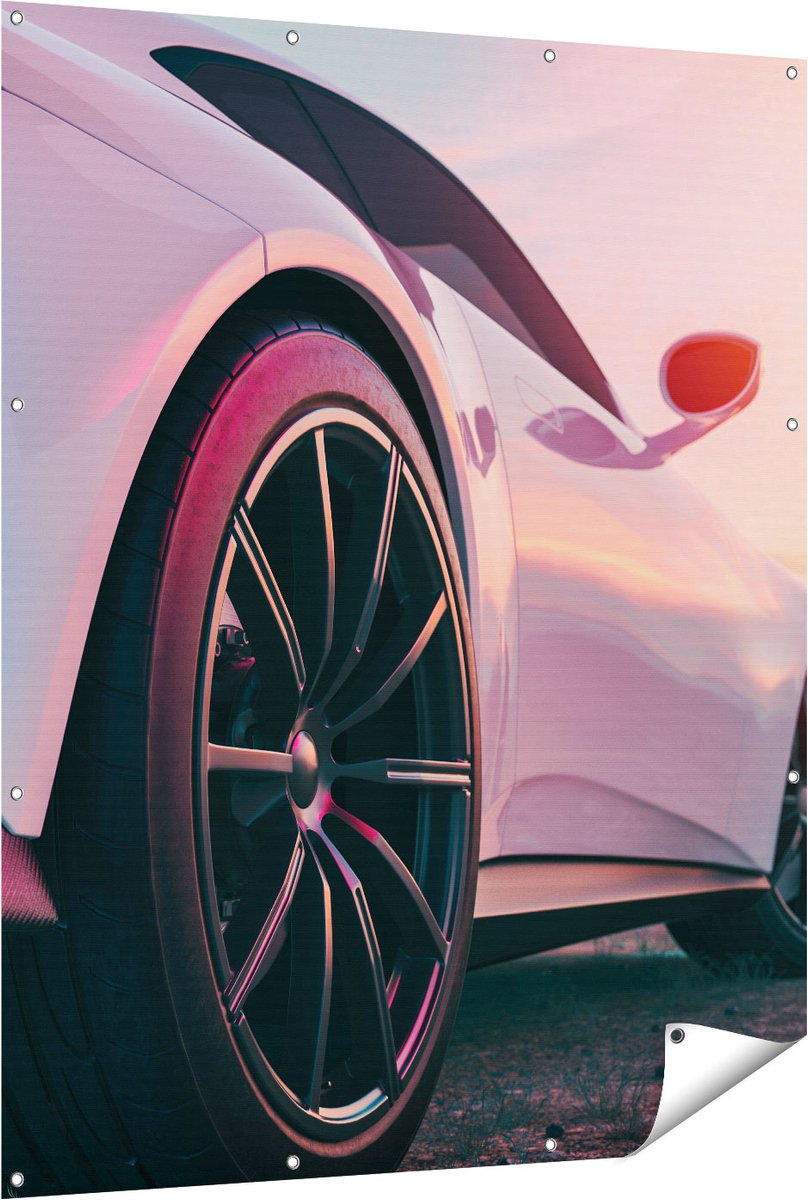 Gards Tuinposter Witte Sportwagen Auto - 120x150 cm - Tuindoek - Tuindecoratie - Wanddecoratie buiten - Tuinschilderij Multikleur
