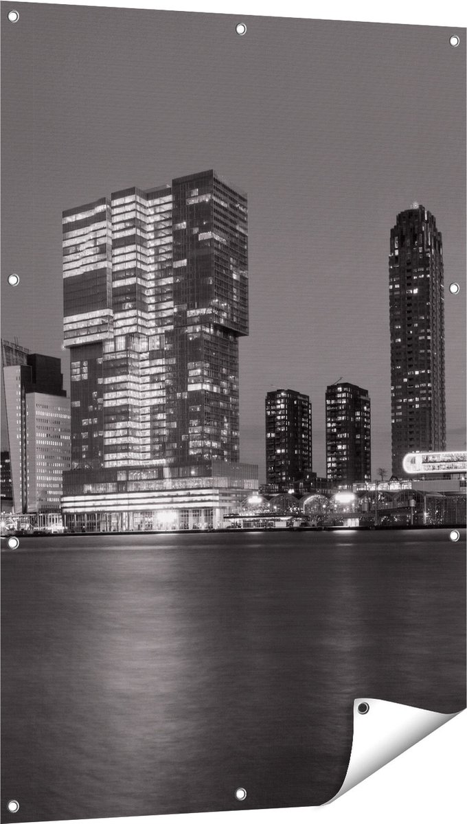 Gards Tuinposter Rotterdamse Skyline - Zwart Wit - 80x120 cm - Tuindoek - Tuindecoratie - Wanddecoratie buiten - Tuinschilderij Multikleur
