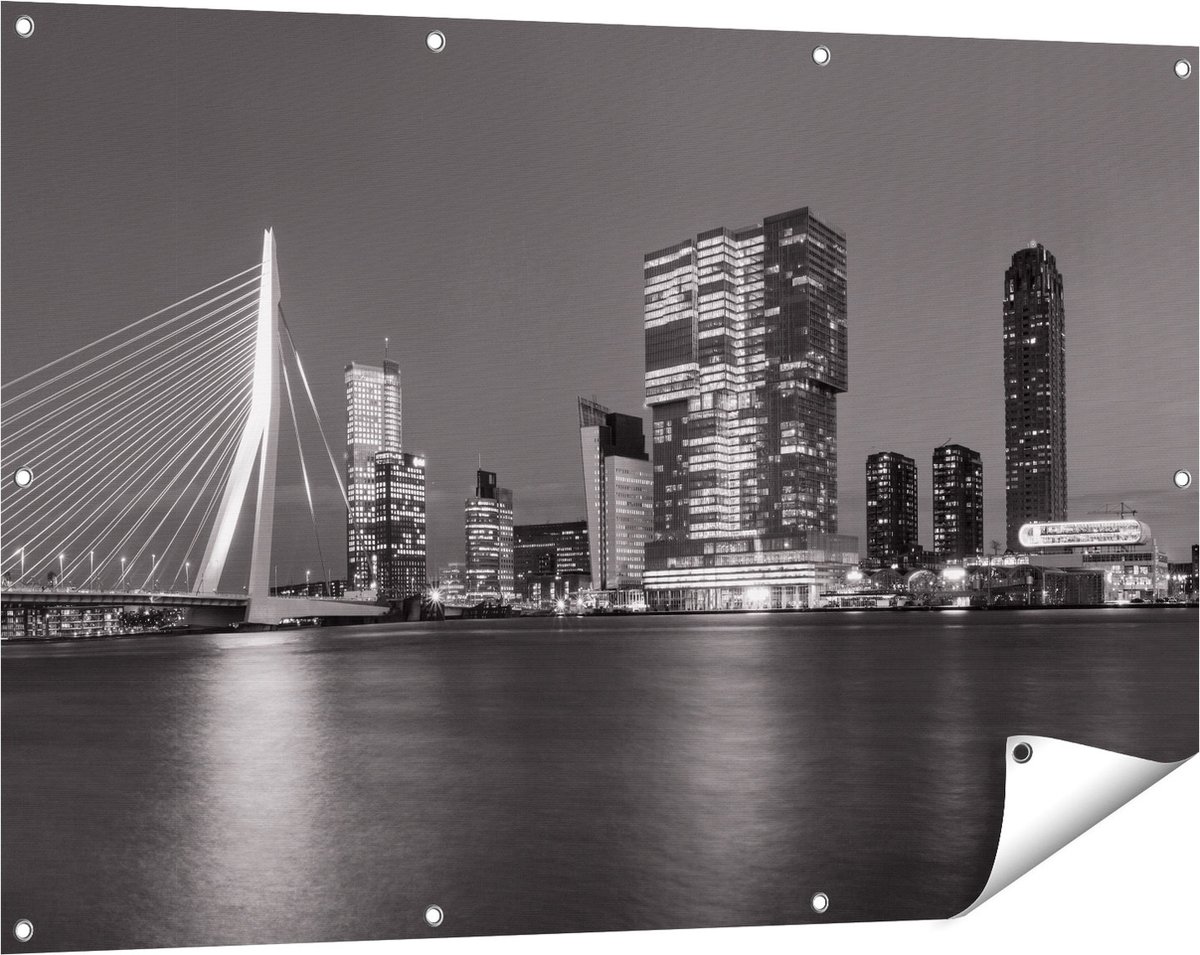 Gards Tuinposter Rotterdamse Skyline - Zwart Wit - 120x80 cm - Tuindoek - Tuindecoratie - Wanddecoratie buiten - Tuinschilderij Multikleur