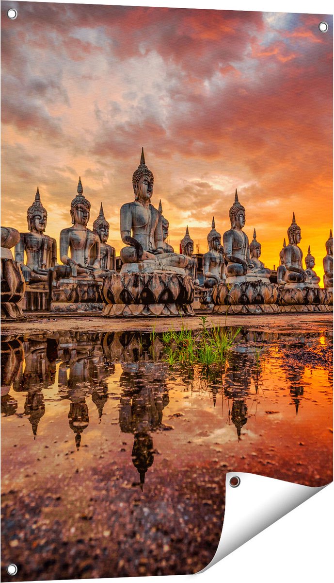 Gards Tuinposter Boeddha Beelden tijdens Zonsondergang - 60x90 cm - Tuindoek - Tuindecoratie - Wanddecoratie buiten - Tuinschilderij Multikleur