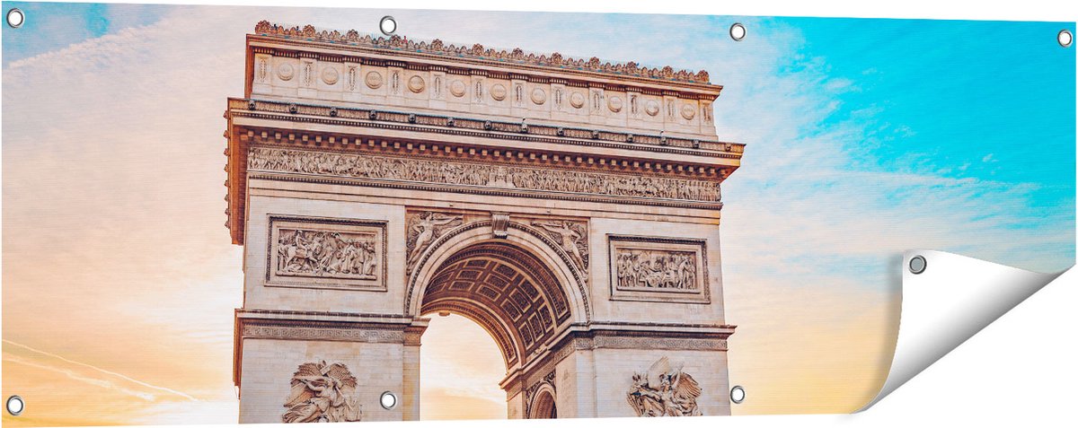 Gards Tuinposter Arc de Triomphe in Parijs met Zonsondergang - 120x40 cm - Tuindoek - Tuindecoratie - Wanddecoratie buiten - Tuinschilderij Multikleur