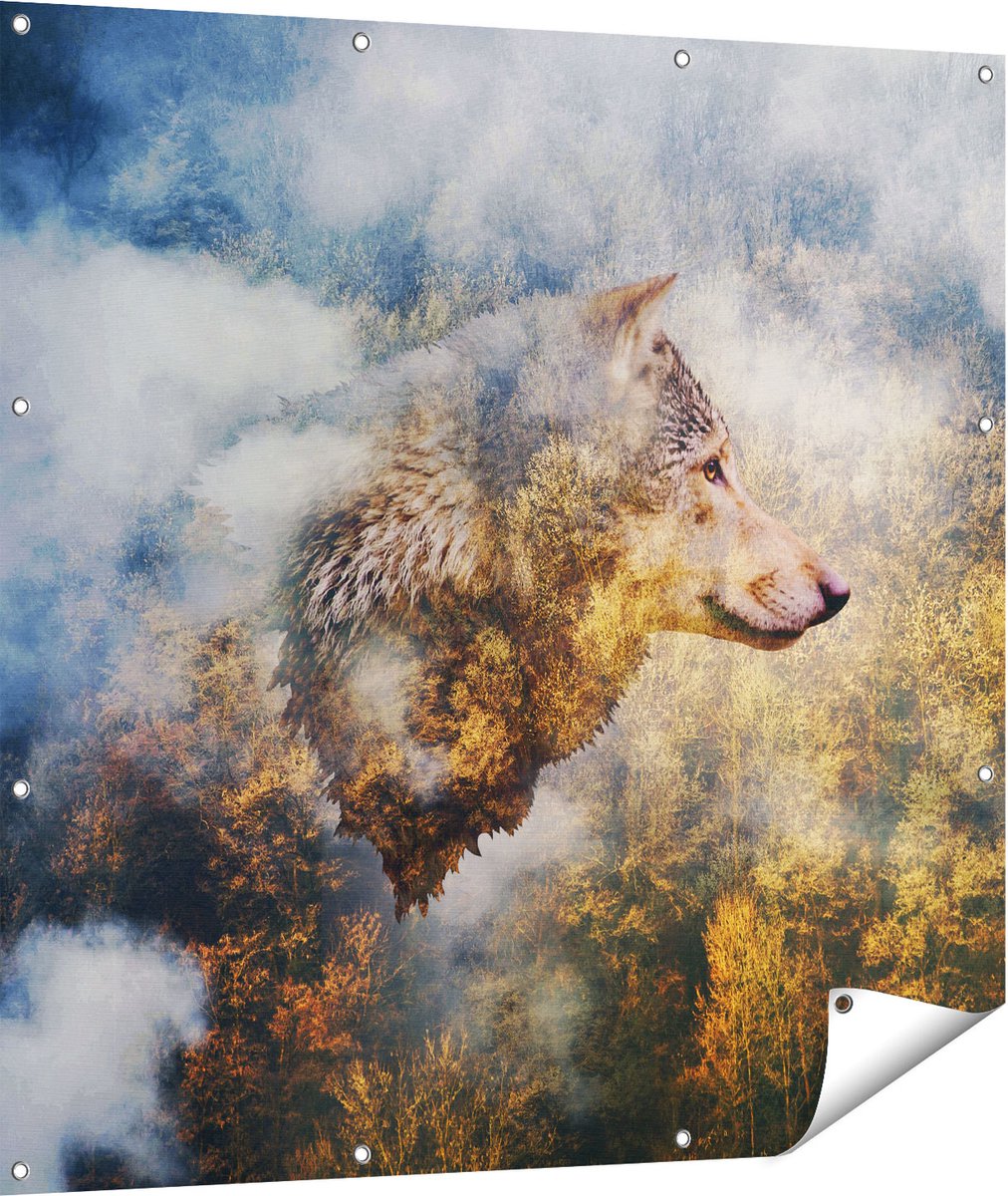 Gards Tuinposter Wolvenkop op een Herfstbos - Wolf - Abstract - 110x110 cm - Tuindoek - Tuindecoratie - Wanddecoratie buiten - Tuinschilderij Multikleur