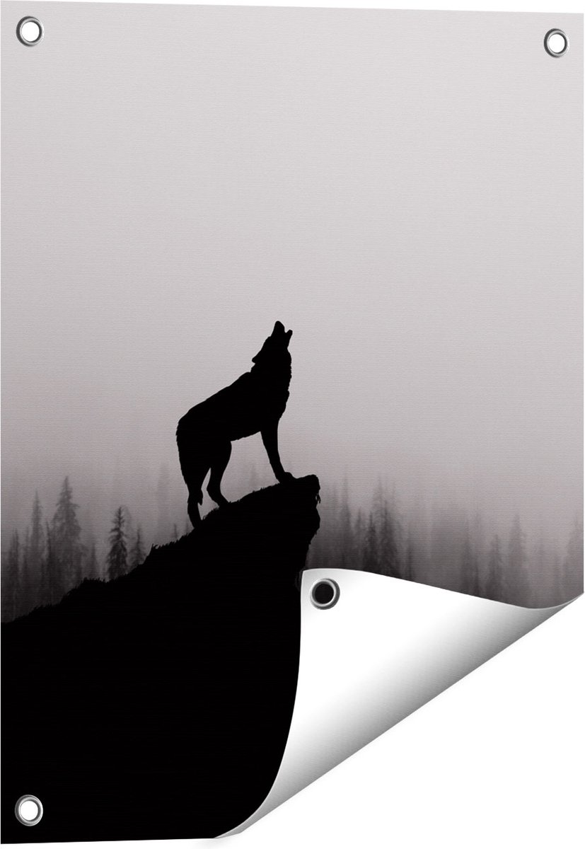 Gards Tuinposter Silhouet van een Huilende Wolf - Abstract - 40x50 cm - Tuindoek - Tuindecoratie - Wanddecoratie buiten - Tuinschilderij Multikleur