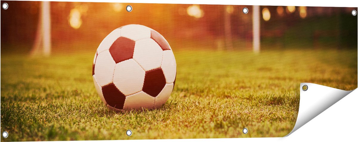 Gards Tuinposter Voetbal met Goal tijdens Zonsondergang - 120x40 cm - Tuindoek - Tuindecoratie - Wanddecoratie buiten - Tuinschilderij Multikleur