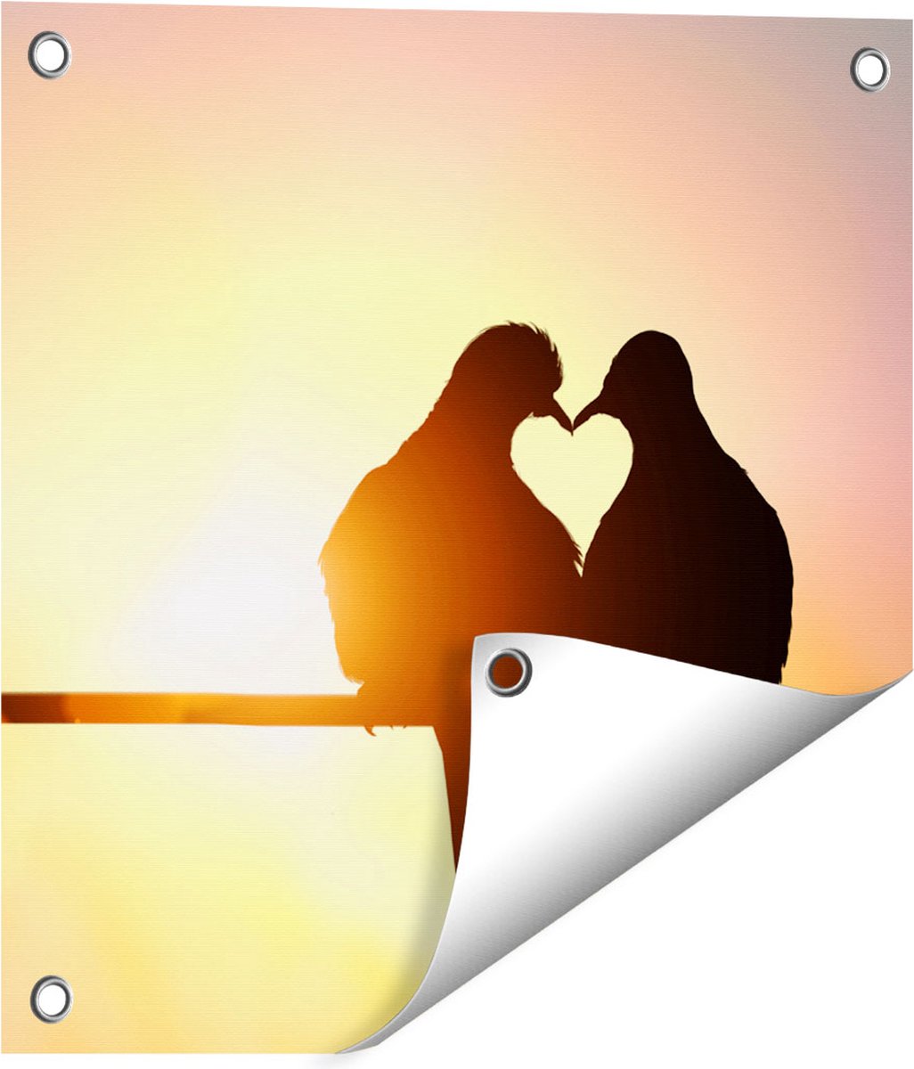 Gards Tuinposter Twee Silhouet Vogels in een Hart Vorm - 40x40 cm - Tuindoek - Tuindecoratie - Wanddecoratie buiten - Tuinschilderij Multikleur