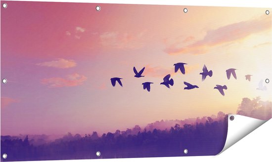 Gards Tuinposter Silhouet Vogels tijdens Zonsondergang - 120x60 cm - Tuindoek - Tuindecoratie - Wanddecoratie buiten - Tuinschilderij
