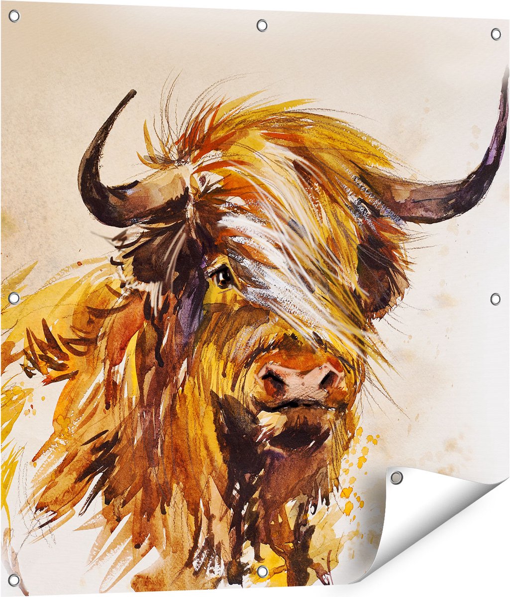 Gards Tuinposter Schotse Hooglander Koe - Abstract - 80x80 cm - Tuindoek - Tuindecoratie - Wanddecoratie buiten - Tuinschilderij Multikleur