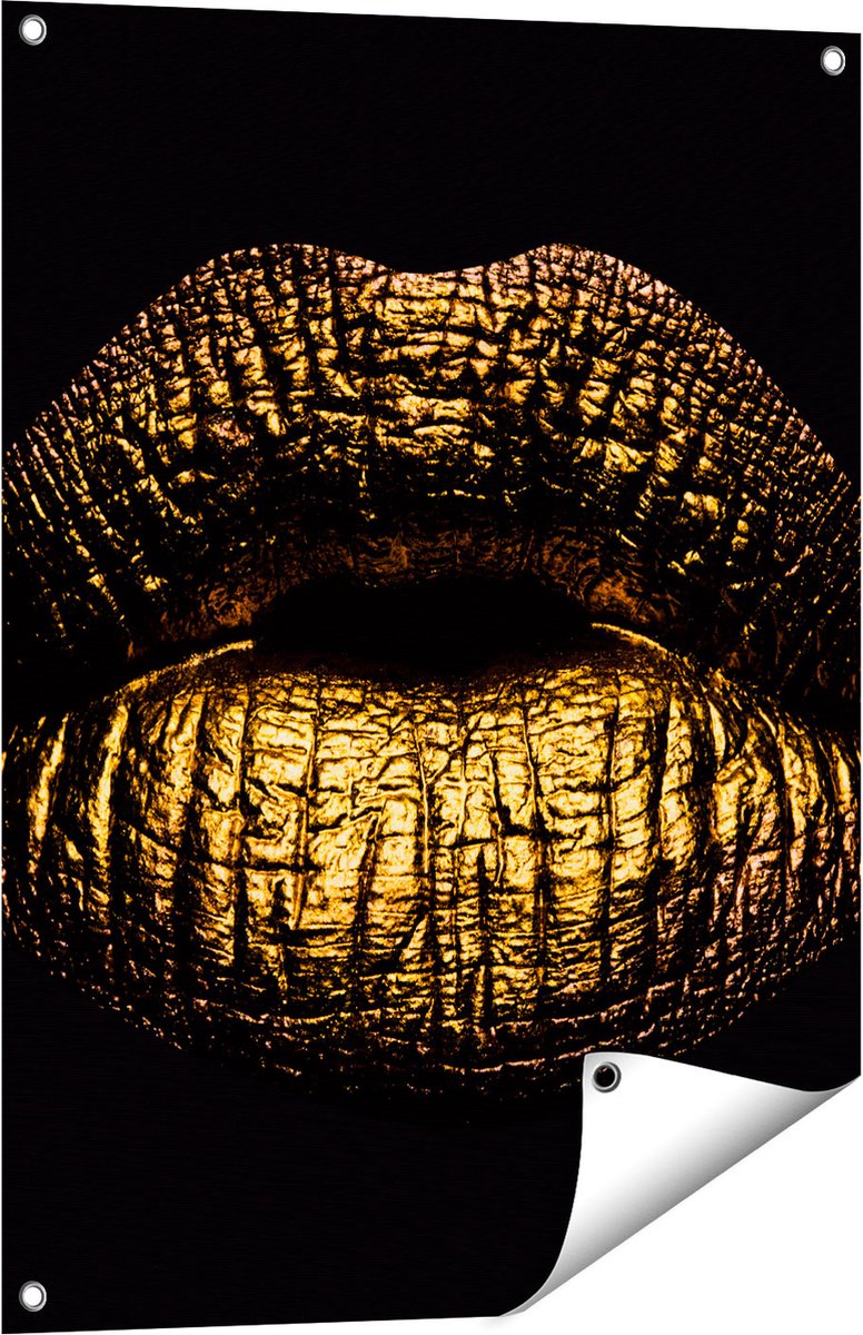 Gards Tuinposter Gouden Lippen - 60x80 cm - Tuindoek - Tuindecoratie - Wanddecoratie buiten - Tuinschilderij Multikleur
