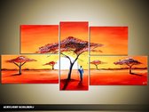 Schilderij -  Afrika - Oranje, Geel - 150x70cm 5Luik - GroepArt - Handgeschilderd Schilderij - Canvas Schilderij - Wanddecoratie - Woonkamer - Slaapkamer - Geschilderd Door Onze Kunstenaars 2000+Collectie Maatwerk Mogelijk