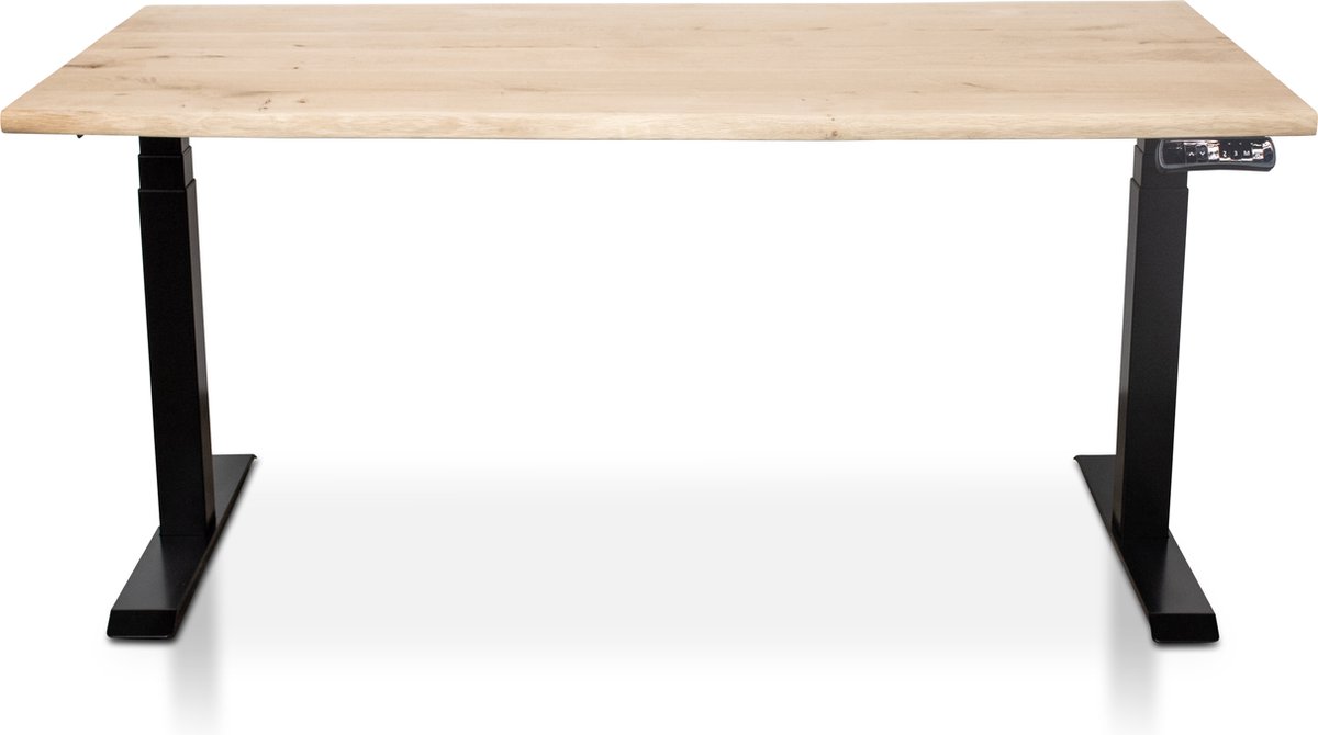 Multi Ratio Zit-sta bureau met massief eiken boomstam blad 140 x 80 cm - MRC PRO NEN-EN 527 - elektrisch verstelbaar - frame zwart - 130 cm hoog - 150KG draagvermogen