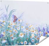 Gards Tuinposter Witte Kamille Bloemen met een Vlinder - 100x80 cm - Tuindoek - Tuindecoratie - Wanddecoratie buiten - Tuinschilderij