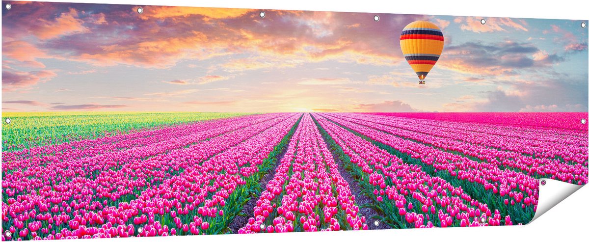 Gards Tuinposter Bloemenveld met Roze Tulpen - Luchtballon - 210x70 cm - Tuindoek - Tuindecoratie - Wanddecoratie buiten - Tuinschilderij Multikleur