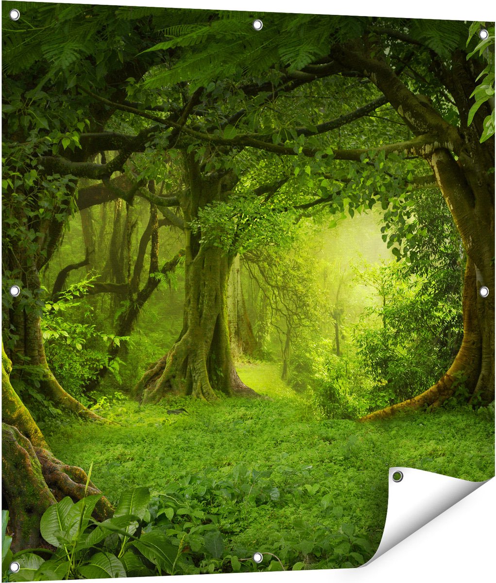 Gards Tuinposter Groene Tropische Jungle Bos - 90x90 cm - Tuindoek - Tuindecoratie - Wanddecoratie buiten - Tuinschilderij Multikleur