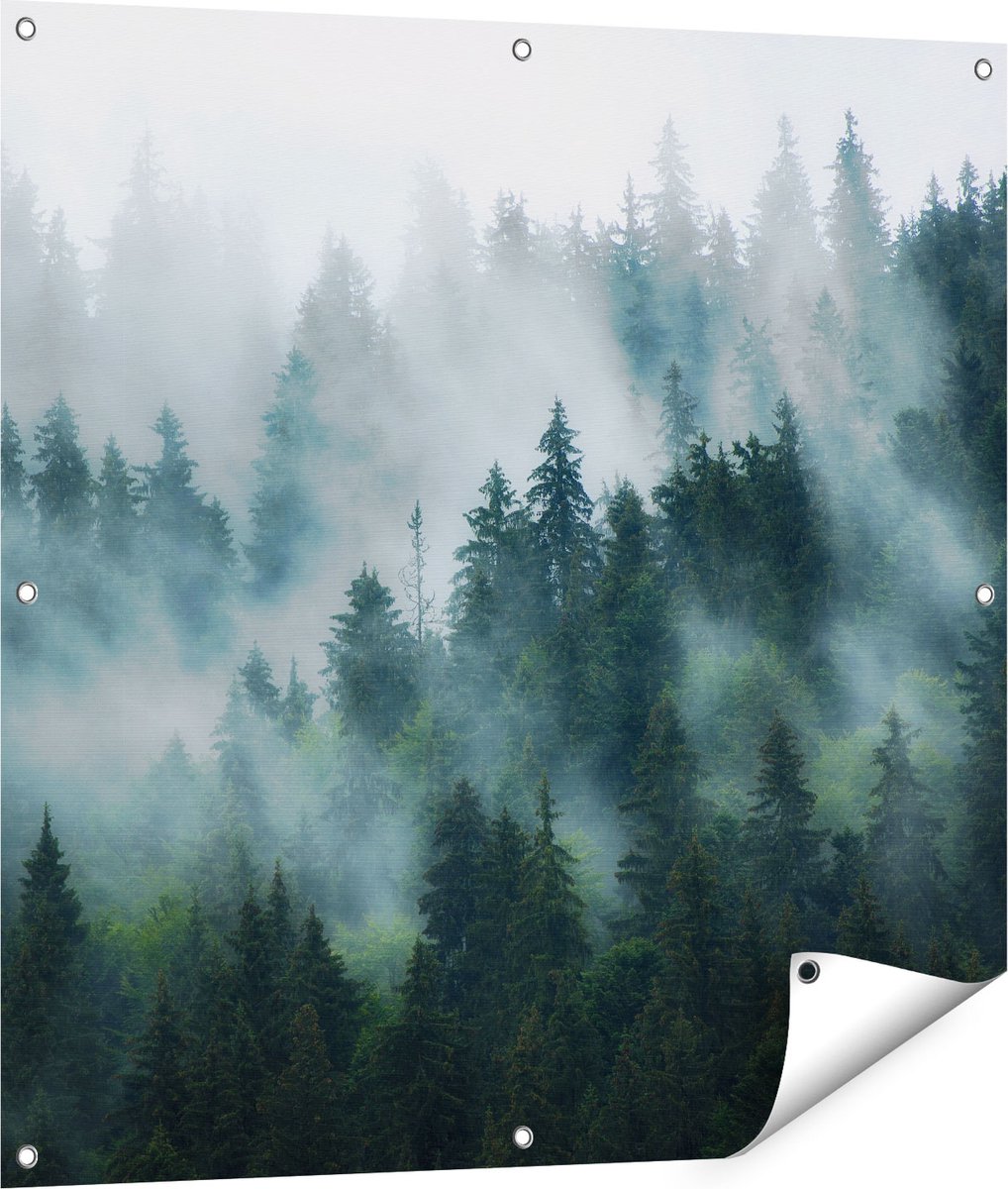 Gards Tuinposter Bos met Bomen in de Mist - 90x90 cm - Tuindoek - Tuindecoratie - Wanddecoratie buiten - Tuinschilderij Multikleur