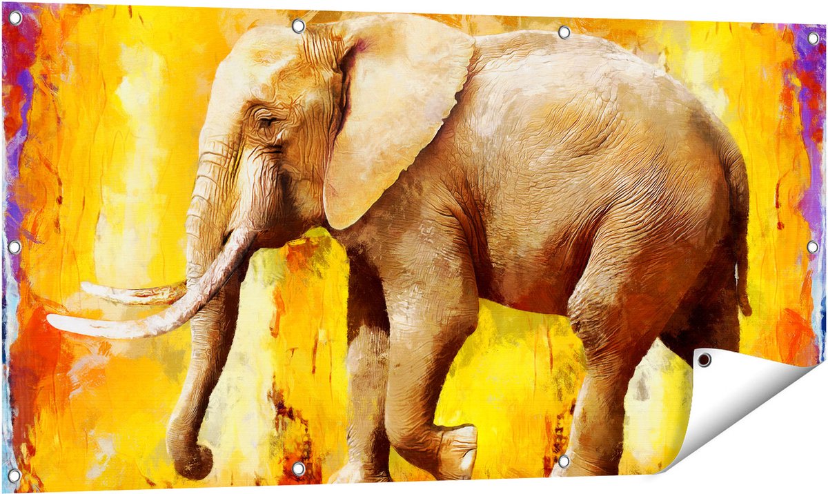 Gards Tuinposter Geschilderde Olifant Olieverf - Abstract - 120x60 cm - Tuindoek - Tuindecoratie - Wanddecoratie buiten - Tuinschilderij Multikleur