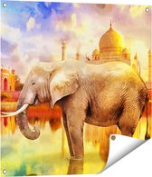 Gards Tuinposter Getekende Olifant bij Taj Mahal - Abstract - 70x70 cm - Tuindoek - Tuindecoratie - Wanddecoratie buiten - Tuinschilderij