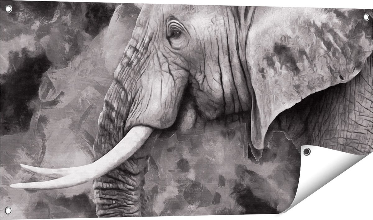 Gards Tuinposter Olifant - Abstract - Zwart Wit - 100x50 cm - Tuindoek - Tuindecoratie - Wanddecoratie buiten - Tuinschilderij Multikleur