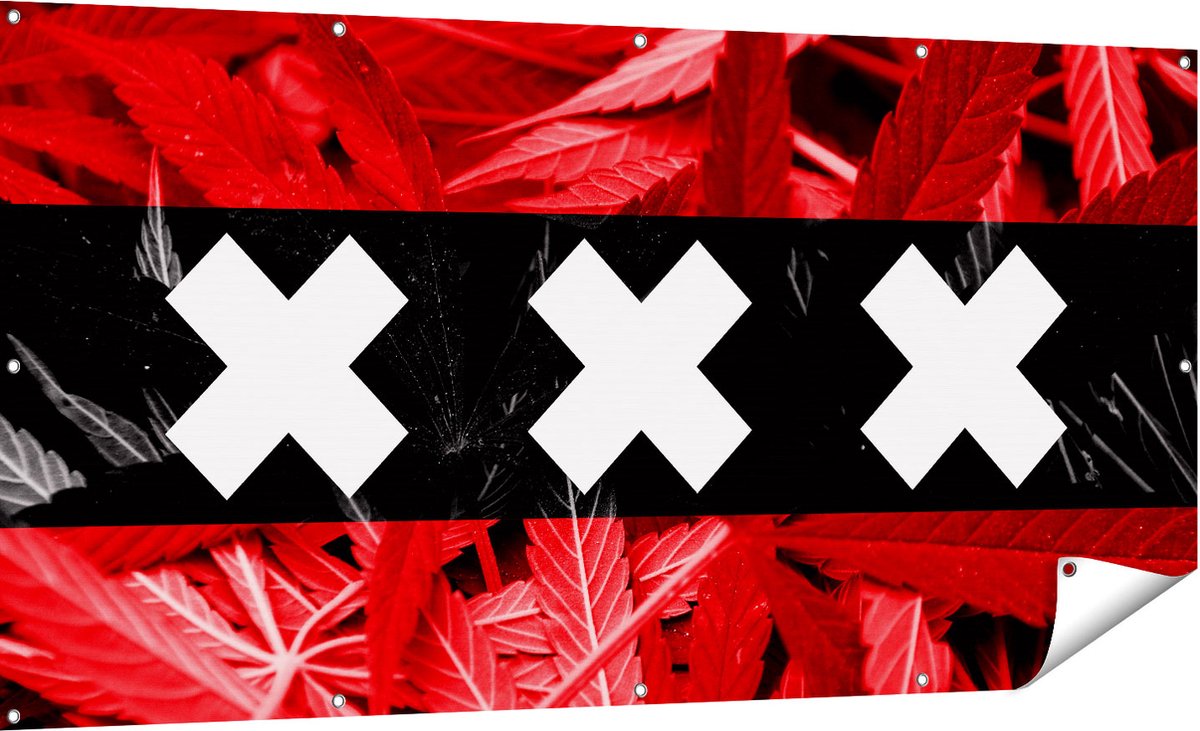 Gards Tuinposter Amsterdamse Vlag met Cannabis Achtergrond - 180x90 cm - Tuindoek - Tuindecoratie - Wanddecoratie buiten - Tuinschilderij Multikleur