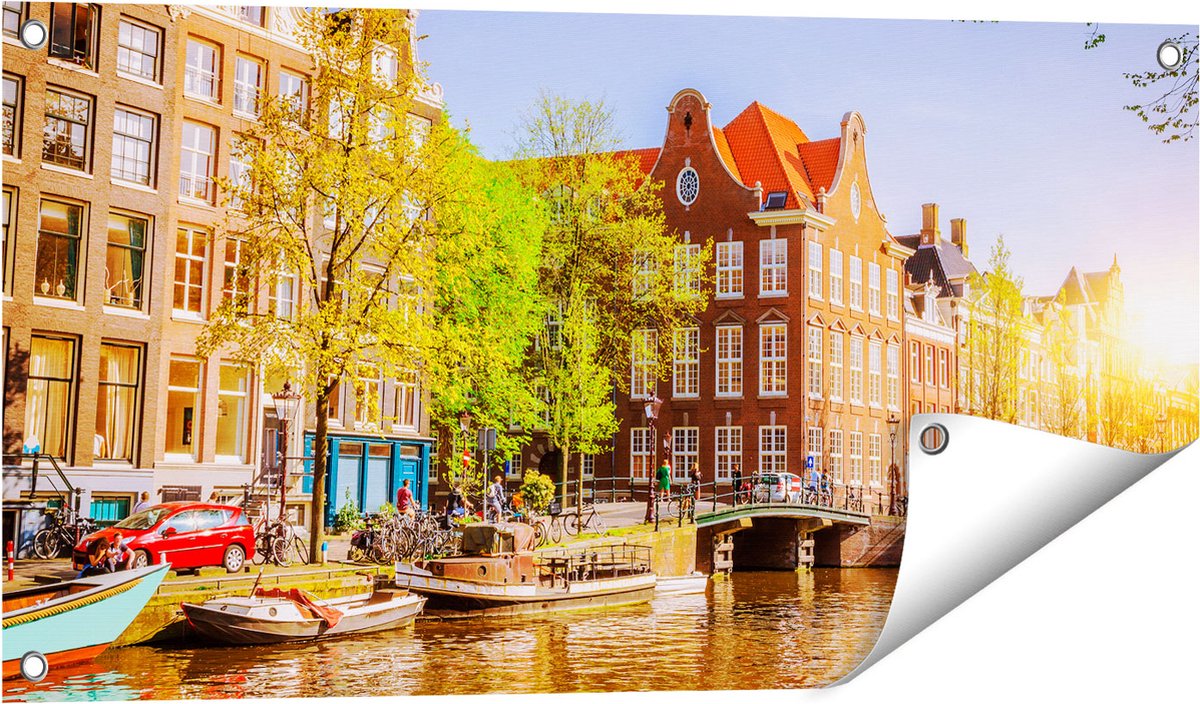Gards Tuinposter Amsterdamse Gracht tijdens Zonsondergang - 80x40 cm - Tuindoek - Tuindecoratie - Wanddecoratie buiten - Tuinschilderij Multikleur