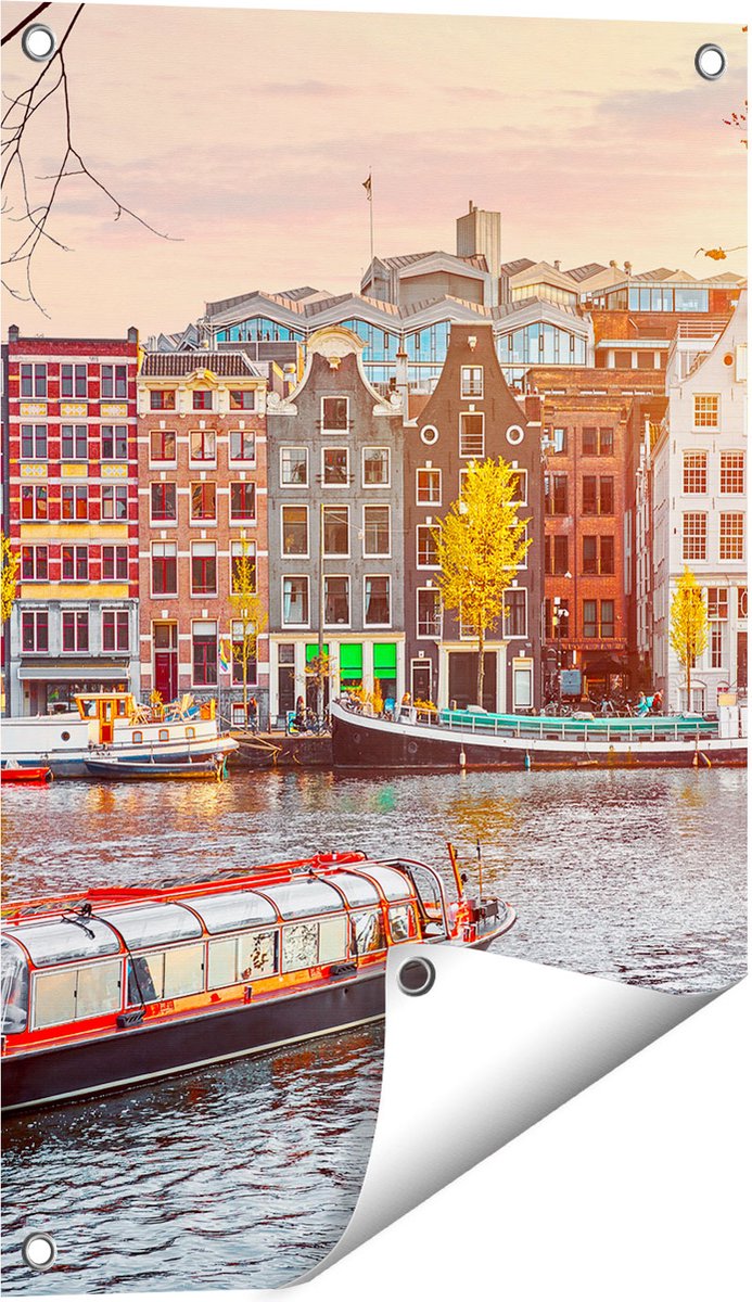 Gards Tuinposter Amsterdamse Huisjes vanaf de Grachten - 40x60 cm - Tuindoek - Tuindecoratie - Wanddecoratie buiten - Tuinschilderij Multikleur