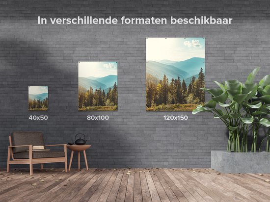 Gards Tuinposter Bos met Bomen in de Hoge Bergen - 120x150 cm - Tuindoek - Tuindecoratie - Wanddecoratie buiten - Tuinschilderij