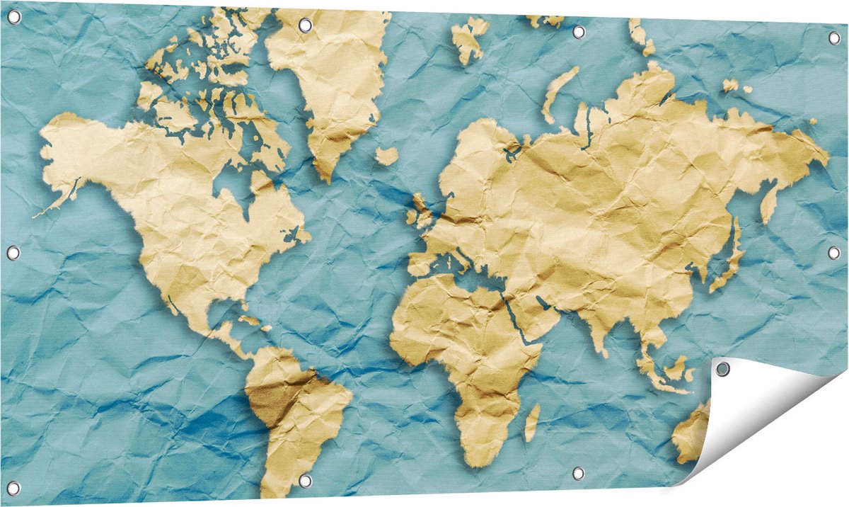 Gards Tuinposter Wereldkaart op Gekreukeld Papier - 120x60 cm - Tuindoek - Tuindecoratie - Wanddecoratie buiten - Tuinschilderij Multikleur