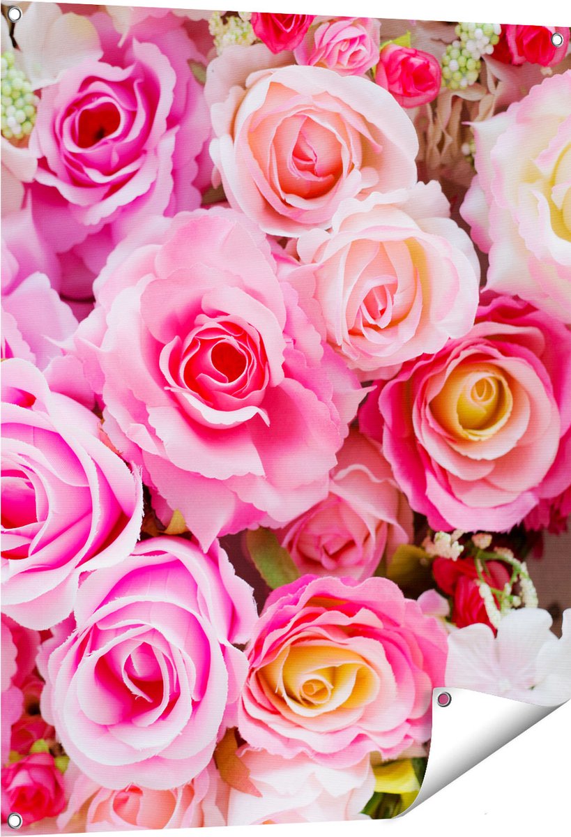 Gards Tuinposter Roze Rozen Achtergrond - Bloemen - 80x100 cm - Tuindoek - Tuindecoratie - Wanddecoratie buiten - Tuinschilderij Multikleur