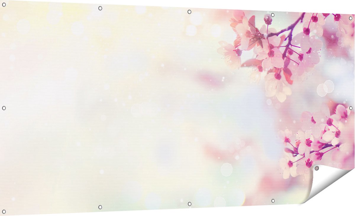 Gards Tuinposter Roze Bloesemboom met Zonneschijn - 180x90 cm - Tuindoek - Tuindecoratie - Wanddecoratie buiten - Tuinschilderij Multikleur