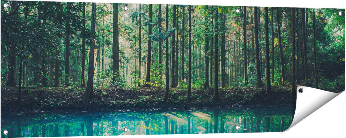Gards Tuinposter Bos bij een Groen Meer - 150x50 cm - Tuindoek - Tuindecoratie - Wanddecoratie buiten - Tuinschilderij Multikleur