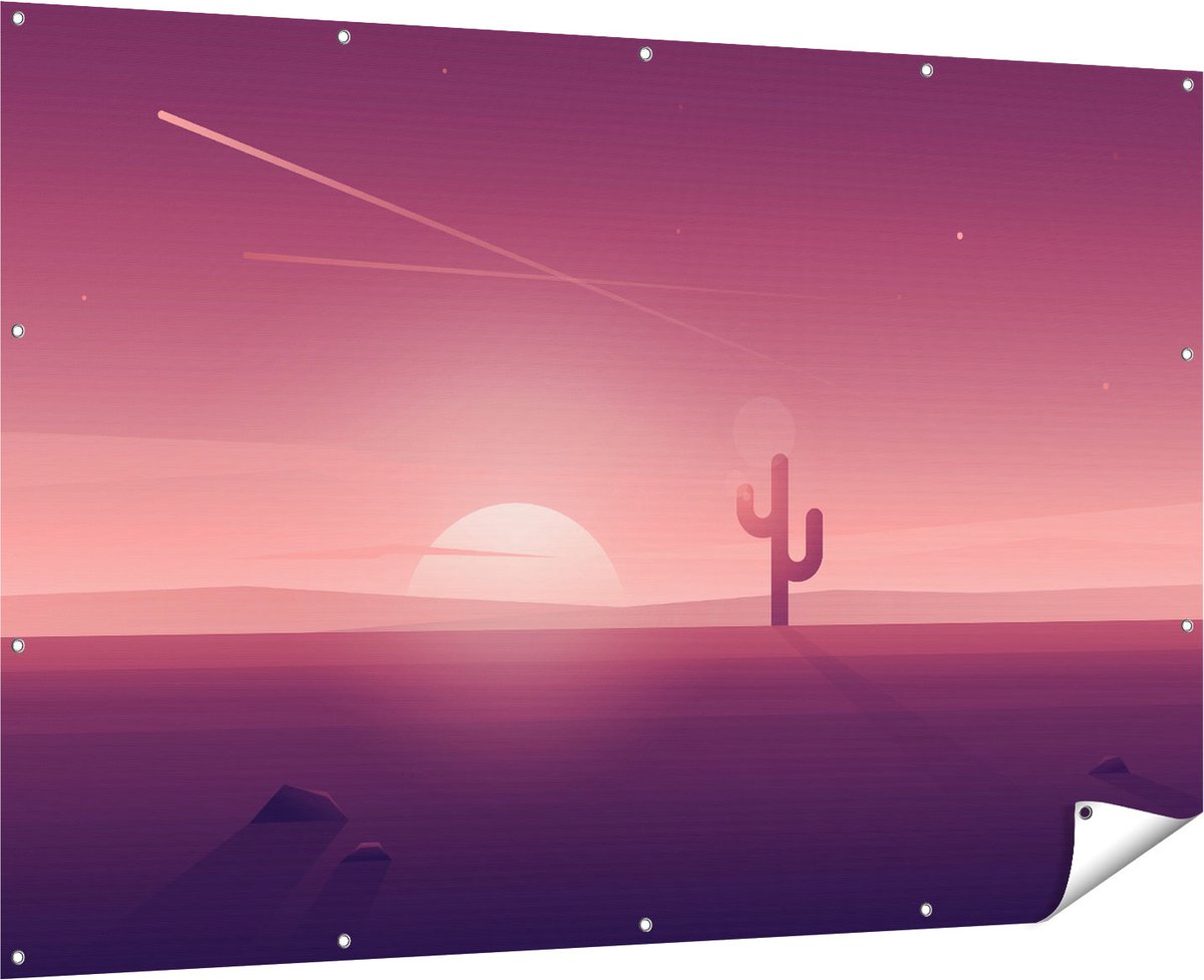 Gards Tuinposter Zonsondergang in de Woestijn met een Cactus - 180x120 cm - Tuindoek - Tuindecoratie - Wanddecoratie buiten - Tuinschilderij Multikleur