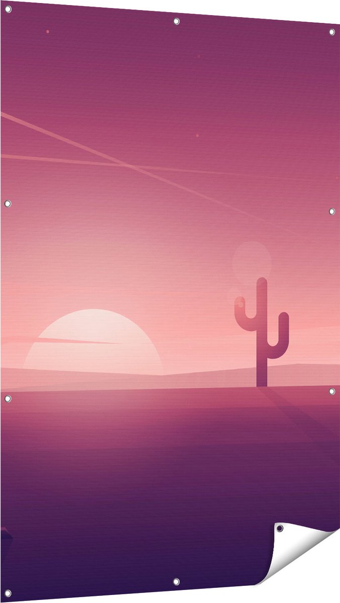 Gards Tuinposter Zonsondergang in de Woestijn met een Cactus - 100x150 cm - Tuindoek - Tuindecoratie - Wanddecoratie buiten - Tuinschilderij Multikleur