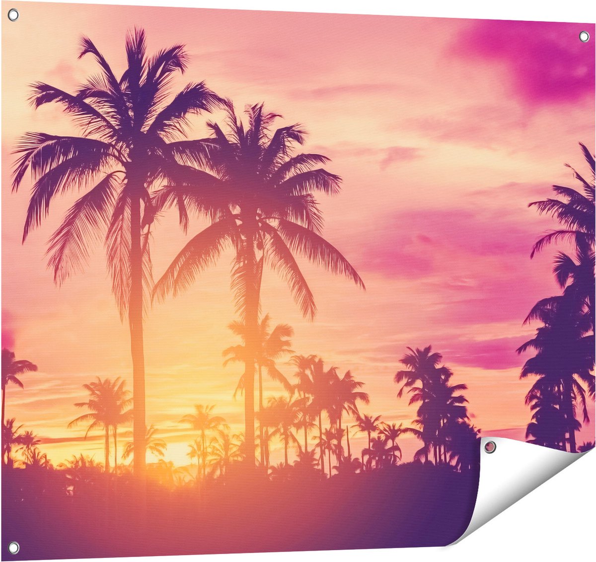 Gards Tuinposter Tropische Palmbomen met Zonsondergang - 100x80 cm - Tuindoek - Tuindecoratie - Wanddecoratie buiten - Tuinschilderij Multikleur