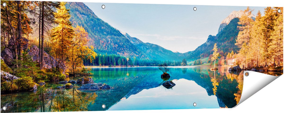 Gards Tuinposter Meer met Herfstbomen - 150x50 cm - Tuindoek - Tuindecoratie - Wanddecoratie buiten - Tuinschilderij Multikleur