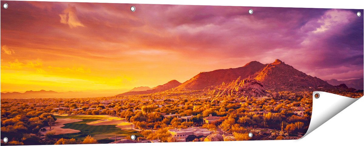 Gards Tuinposter Woestijn Landschap met Zonsondergang - 150x50 cm - Tuindoek - Tuindecoratie - Wanddecoratie buiten - Tuinschilderij Multikleur