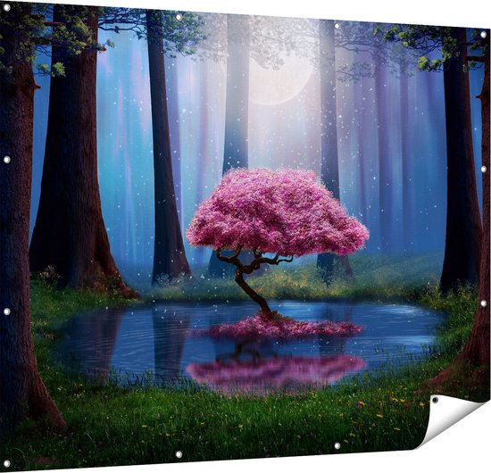 Gards Tuinposter Roze Boom op een Vijver in de Nacht - 150x120 cm - Tuindoek - Tuindecoratie - Wanddecoratie buiten - Tuinschilderij