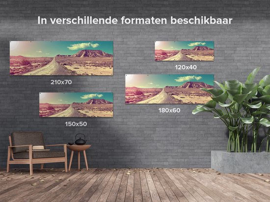 Gards Tuinposter Pad in het Woestijn Landschap met de Zon - 120x40 cm - Tuindoek - Tuindecoratie - Wanddecoratie buiten - Tuinschilderij